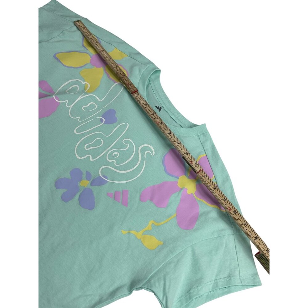 Adidas Girls Loose Fit Aqua T-Shirt With Floral Design 100% Cotton Size L (14) - Picture 7 of 9